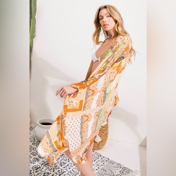Boho Colorful Orange Kimono Cardigan Beach Swim Cover Up - Picture 4 of 7
